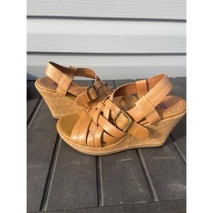 Indigo by Clarks Womens Tan Leather Woven Cork Wedge Sandals Size 6M Boho